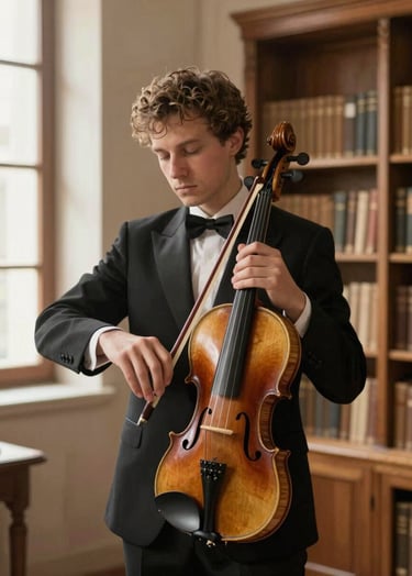 A professional violinist in a Southern European / Spanish historical library, holding a violin with grace. Soft almond off-white light filtering through windows, warm stone taupe wooden shelves in the background.