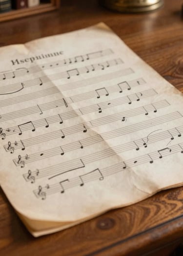 A close-up photograph of an antique, yellowed music manuscript by a Spanish composer, resting on a refined wooden desk. The lighting is soft and warm, highlighting the ink strokes. Palette of soft off-white and muted stone brown. Professional Southern European / Spanish cultural archive setting.