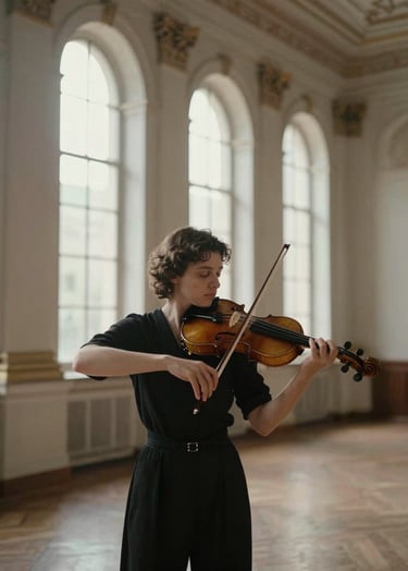 A professional violinist in a refined Southern European / Spanish historical conservatory hall, holding a violin with grace. Soft morning light coming through tall windows, warm silver taupe and soft off-white tones in the architecture. Elegant and sober atmosphere.