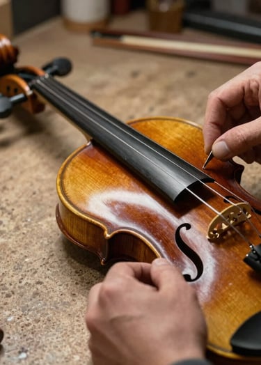 A detailed shot of a luthier's hand adjusting a violin in a workshop. The focus is on the craftsmanship and the texture of the wood. Warm lighting, professional and cultural aesthetic. Colors: dark ebony and muted stone brown. Southern European / Spanish artisan setting.