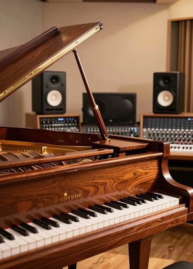 Professional music studio at golden hour. A mahogany grand piano stands prominently under soft terracotta lighting. High-end studio monitors and a sleek mixing desk are visible in the background against soft cream walls. Sophisticated and warm atmosphere.
