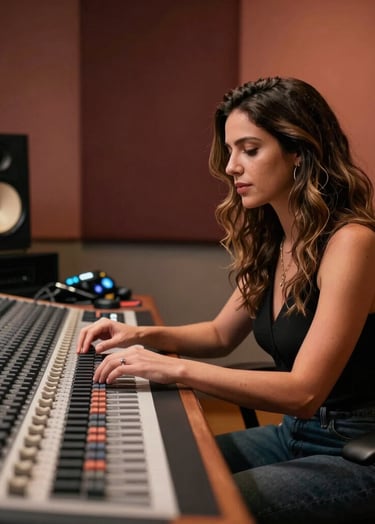 A professional music producer, Elaine Siqueira, sitting at a sleek mixing desk in a studio with deep espresso walls. Soft warm terracotta light filters from the side, illuminating her hands on the sound equipment. Professional and sophisticated mood.