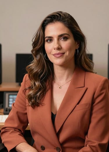 A professional and warm portrait of Elaine Siqueira in her music studio. She is sitting behind a desk with studio monitors, wearing a muted terracotta blazer. The lighting is soft off-white, creating a premium and approachable look.