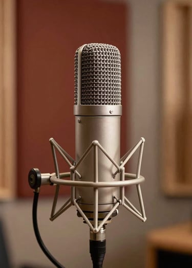 A professional studio shot of a vintage condenser microphone in a warm, inviting room. The lighting is soft, featuring deep espresso shadows and soft cream highlights. The background shows blurred acoustic wooden panels in terracotta tones, suggesting a premium recording environment.
