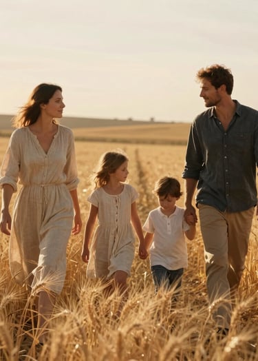 A cinematic medium shot of a family walking through a golden wheat field in rural Spain during the golden hour. The sunlight is warm and hazy, creating a sun-kissed glow. They are dressed in light linen clothing in sand and charcoal tones. Authentic and natural photography style.