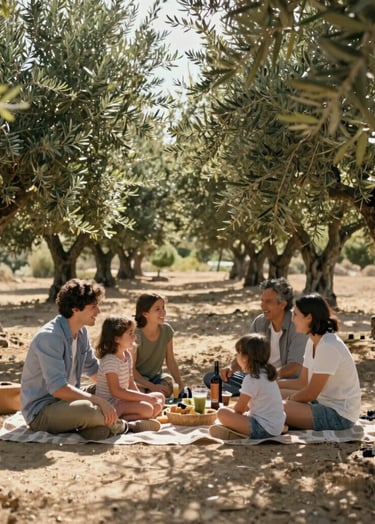 A wide cinematic shot of a family picnic under ancient olive trees in Spain. Sunbeams filtering through leaves, authentic joy, natural poses. Sand and charcoal color accents.