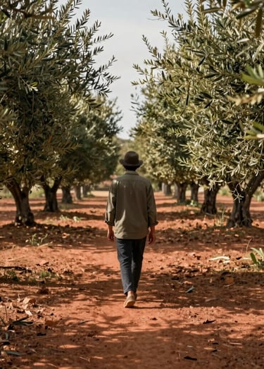 Lifestyle photography of a person walking through an ancient Spanish olive grove, sunlight filtering through the leaves. The mood is calm and personal, with a cinematic aesthetic and warm terracotta highlights.