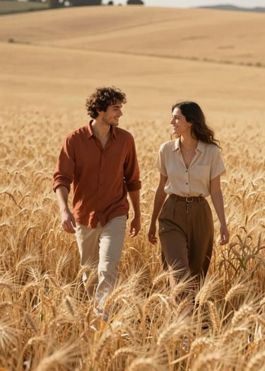 Cinematic lifestyle photography of a young couple walking through a golden wheat field in the Spanish countryside. Warm sun-kissed lighting, authentic interaction, natural style. Palette of sand, terracotta, and soft brown tones.