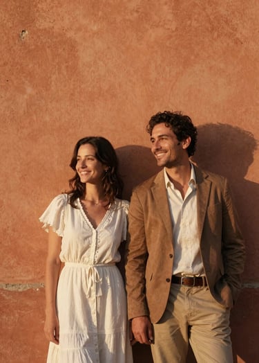 Cinematic portrait of a couple leaning against a terracotta-colored wall in a Spanish village, golden hour sun-drenched lighting, authentic smiles, warm cream and brown tones.