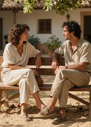 A lifestyle shot of two people sharing a quiet conversation on a rustic wooden bench in a sun-drenched Spanish garden. The lighting is warm and cinematic, highlighting natural textures and authentic emotions with sand and terracotta tones in their attire.