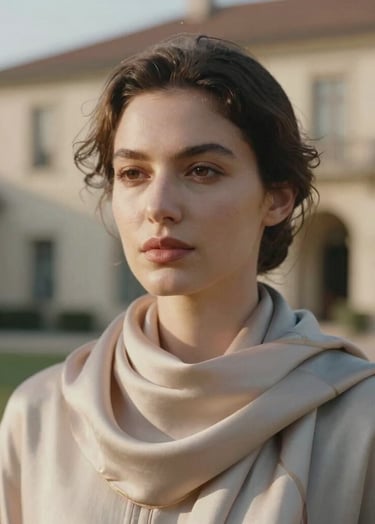 A soulful close-up portrait of a woman in soft afternoon light, wearing a silk scarf in #6F604F. Background is an out-of-focus villa. Timeless elegance, cinematic film grain, palette of #C4B29A and #F5F0E1 tones.