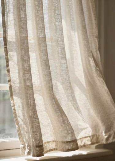 A vertical shot of a vintage linen curtain billowing in a soft breeze by an open window. Sunlight filters through the fabric in tones of #F5F0E1 and #C4B29A. The image captures a serene, fleeting moment of domestic elegance.