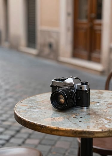 A medium shot of a vintage film camera resting on a weathered cafe table in a Roman alley. Soft morning light in #F5F0E1 tones highlights the metallic details of the lens. The background shows blurred cobblestones and a hint of a #6F604F wooden door, evoking timeless elegance and nostalgia.