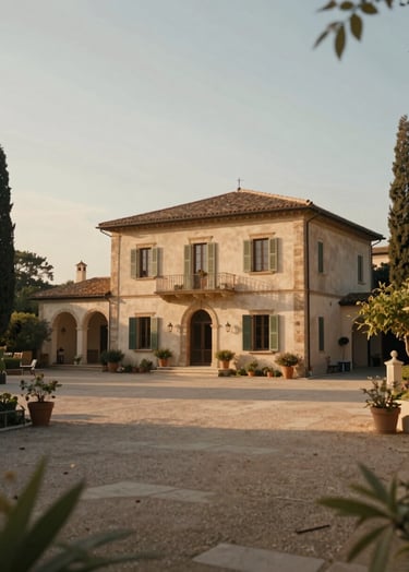 A wide-angle cinematic shot of a sun-drenched Italian villa courtyard at golden hour. The lighting is soft and nostalgic, featuring deep shadows and warm highlights. The palette is dominated by #F5F0E1 and #C4B29A, capturing a sense of timeless elegance and presence.