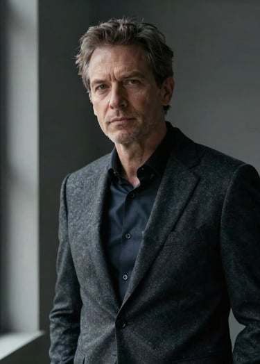 A sophisticated architectural portrait of a man in his late 40s in a minimalist studio setting. Soft natural lighting from a side window, charcoal tones in the background, professional and thoughtful expression. Editorial style photography.