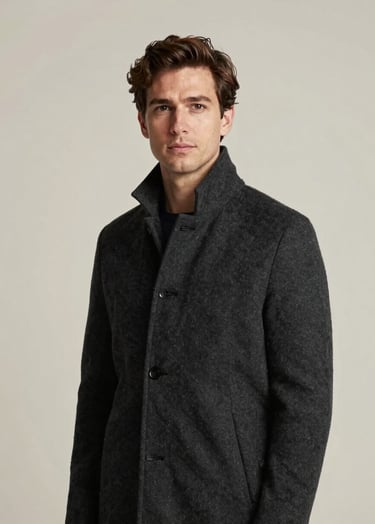 A minimalist and professional portrait of a male architect in a studio setting. He is wearing a dark charcoal coat. The background is a soft off-white wall with subtle shadows. The lighting is soft and editorial, creating a refined and academic atmosphere.