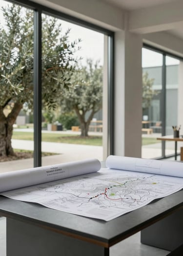 An interior shot of an architectural studio or living lab. Large windows reveal olive green trees outside. Inside, a minimalist charcoal table holds rolled-up blueprints and a topographic map. The lighting is airy and bright.