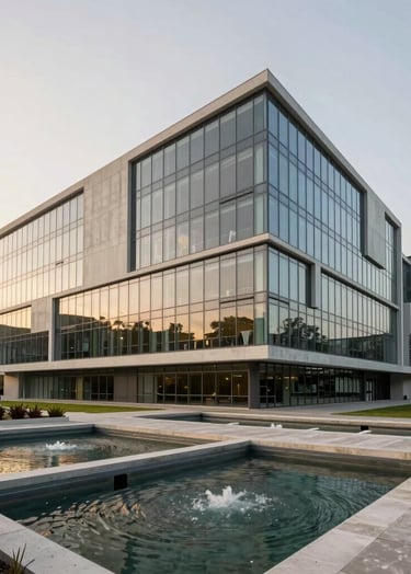 The Living Lab NBS at Tec de Monterrey. Modern educational building integrated with nature-based water filtration systems. Sleek glass and concrete reflecting a soft cream sky.