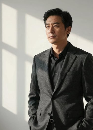 Professional architectural portrait of a researcher in a minimalist studio, soft morning light, wearing a charcoal blazer against a soft linen white wall, editorial and refined composition.