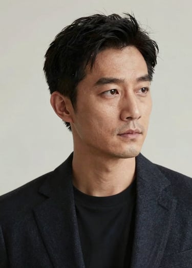 A professional editorial portrait of a male architect with a refined and thoughtful expression. The lighting is soft and natural, coming from the side. He is positioned against a soft off-white background. The style is minimalist and sophisticated, reminiscent of an architectural journal cover.