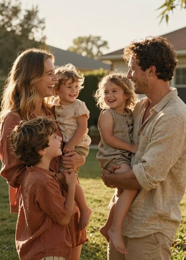 A candid cinematic lifestyle photograph of a young family laughing together in a sun-drenched North American / US backyard. Warm golden hour lighting, subjects wearing soft sand and terracotta colored linen clothing, authentic interaction.
