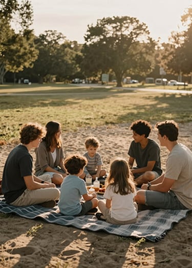 A wide-angle lifestyle shot of a family picnic at a North American / US park during sunset. The composition is natural and storytelling-focused, with authentic interactions and warm, sun-drenched lighting. The color palette features charcoal blankets and soft sand sunbeams.