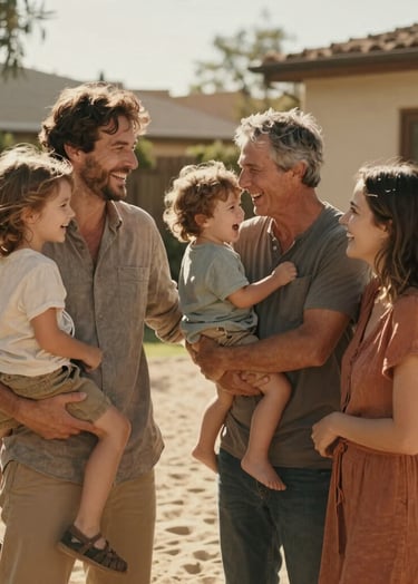 A candid lifestyle photograph of a family laughing together in a sun-drenched North American / US backyard. The lighting is warm and cinematic, featuring soft sand tones in the environment and terracotta accents in the clothing.