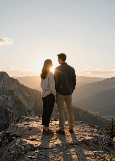 A lifestyle photograph of a couple standing on a mountain ridge in a North American / US national park. The sun is setting behind them, creating a warm, sun-drenched halo and cinematic lens flares. They are dressed in charcoal and soft sand colors, appearing authentic and deeply connected.