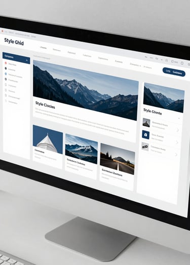 High-angle shot of a desktop monitor displaying a comprehensive UI style guide with a muted blue and white palette, in a clean, minimalist North American / US workspace.