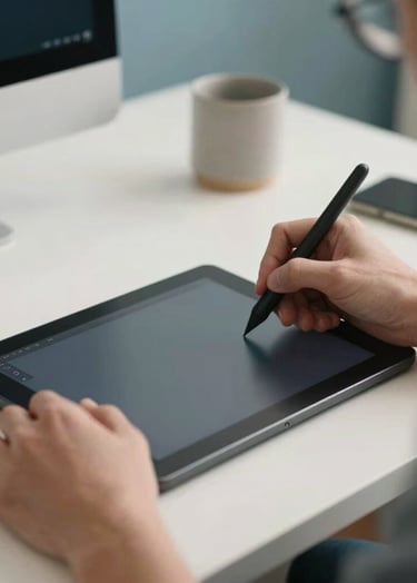 A professional designer's hands using a stylus on a creative tablet in a clean US-based studio environment, with a blurred focus on a sleek workspace using an off-white and muted blue theme.