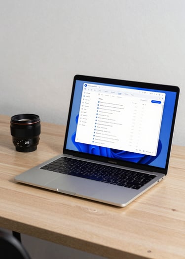 Minimalist desk setup in a North American / US office with a laptop displaying a clean royal blue and white user interface design, soft natural lighting, professional photography style.