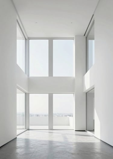 Minimalist architectural photography of a bright, modern office in the US with clean white walls and large windows, symbolizing clarity and strategic thinking in design.