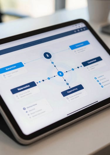 A close-up photograph of a professional tablet display in a bright North American office, showing a sophisticated user journey map with bright blue and navy accents, soft daylighting.