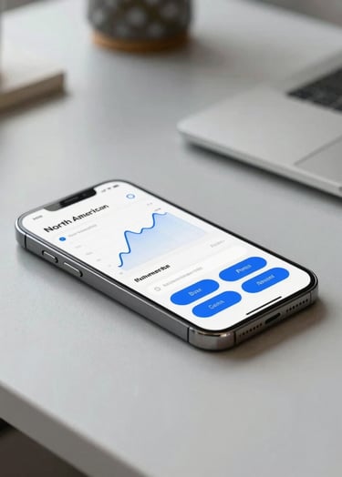 A high-end smartphone lying on a minimalist light gray desk, displaying a sophisticated fitness tracking app with clean charts and royal blue buttons, soft natural lighting, North American office setting.