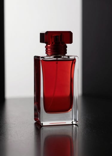 A high-end red luxury perfume bottle on a polished black surface, North American luxury studio setting, sharp reflections, and minimalist lighting creating an air of professional sophistication.