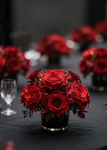 A detailed macro photograph of elegant red floral centerpieces on a polished black table at a luxury North American event. The focus is shallow, blurring the background into a series of soft vibrant red and dark gray bokeh circles, maintaining a minimalist aesthetic.