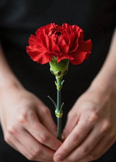 A close-up of hands holding a single red carnation against a deep black background, high contrast, sharp focus, North American / US photography style, elegant and striking.