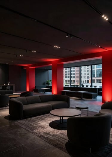 A professional wide-angle photograph of a sleek, modern event space in a North American city. The lighting is low with vibrant red architectural accents. Deep black shadows and minimalist furniture provide a striking, professional contrast.