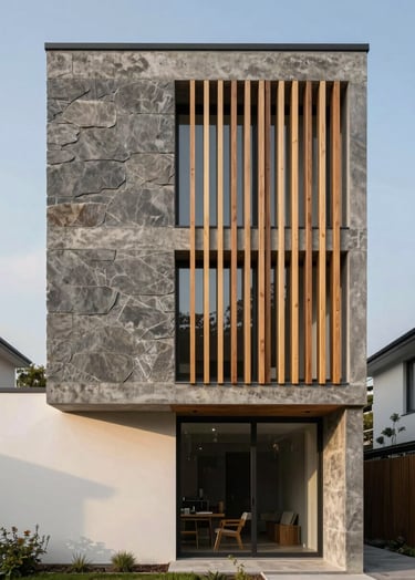 A tall vertical architectural photograph of a contemporary guesthouse facade. The structure features slate gray concrete and natural light wood slats. The lighting is soft morning sun, casting gentle shadows on a soft off-white exterior wall. Minimalist landscaping in the foreground.