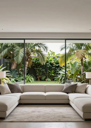 Architectural photography of a minimalist living room in Recife. Large floor-to-ceiling windows looking out to lush tropical greenery. The interior features furniture in soft off-white and light silver gray. High-quality lighting, clean lines, and sophisticated contemporary atmosphere.