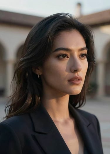 Close-up portrait of a woman in a Southern European courtyard, soft evening sun, cinematic lighting, sophisticated mood, dark charcoal and soft gold tones.