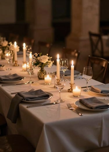 An artistic shot of a candlelit dinner table at a luxury wedding reception in Southern Europe. Deep shadows, warm golden light from the candles, off-white linens, sophisticated charcoal accents, dark and moody photography style.