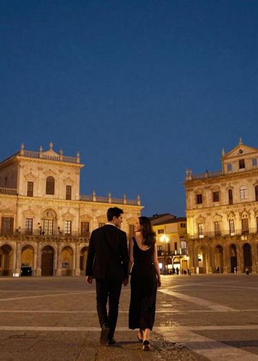 A romantic couple walking through a historic plaza in Southern Europe at dusk. The architecture is bathed in warm gold light while the sky is a deep slate blue. Cinematic wide shot with a focus on movement and emotion.