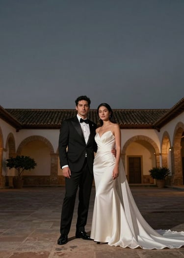 Full-length editorial portrait of a couple in a historic Spanish courtyard at twilight. Moody charcoal sky, sophisticated poses, elegant wedding attire, cinematic lighting with gold highlights, modern and dark aesthetic.