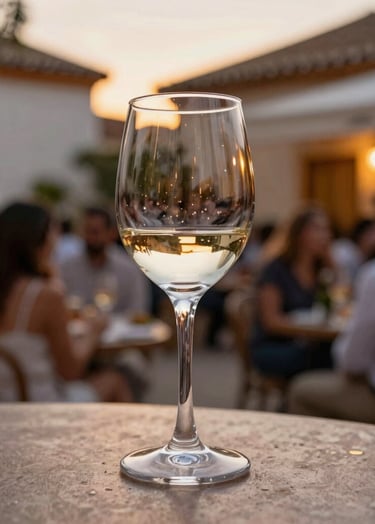 Escena de un evento nocturno en un patio español, enfoque nítido en una copa de cristal en primer plano con invitados difuminados al fondo, luz dorada de atardecer, atmósfera premium.
