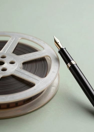 An artistic shot of a film reel and a fountain pen, symbolizing the union of literature and cinema, set in a South American / Brazilian studio with Soft Sage and Pearl Mist tones.