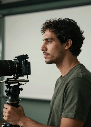 A sophisticated profile of a filmmaker in a modern South American / Brazilian production studio, surrounded by subtle Deep Charcoal Green and Pearl Mist lighting, reflecting a professional and artistic mood.