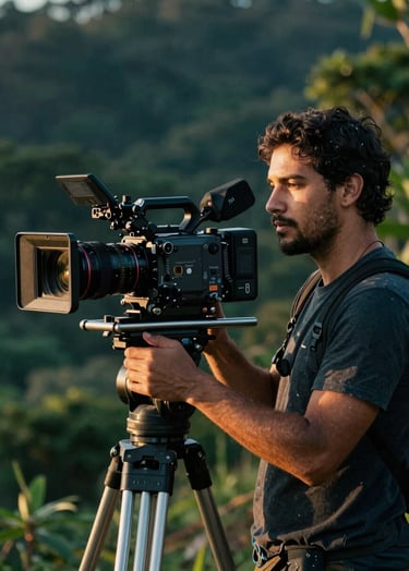 A professional filmmaker in a South American / Brazilian outdoor setting, operating a high-end cinema camera during the golden hour. The lighting highlights Deep Teal and Dark Forest Green shadows with a cinematic, warm glow on the equipment.