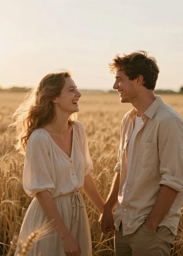 A wide, cinematic shot of a young couple laughing together in a sun-drenched wheat field at golden hour. The lighting is warm and hazy, with light flares from the sun. They are wearing neutral earth tones (#F8F0E3, #C0766B). Authentic, candid interaction with shallow depth of field.