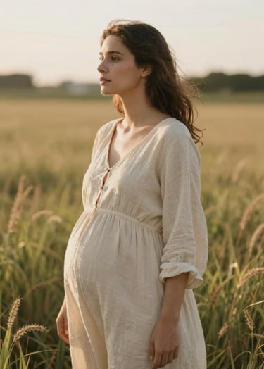 A candid, cinematic portrait of a pregnant woman in a flowing cream-colored linen dress, standing in a field of tall grass. The lighting is warm and sun-drenched from a late afternoon sun. Authentic, intimate mood with a Soft Sand (#F8F0E3) color palette reflected in the clothing and landscape.
